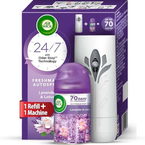 Air Wick 250 ml - Lavender & Lotus, Refill + Automatic Spray| Freshmatic Air Freshener Kit | 2600 Sprays Guaranteed | Automatic Room Freshener, Bathroom Freshener and Room Spray 1
