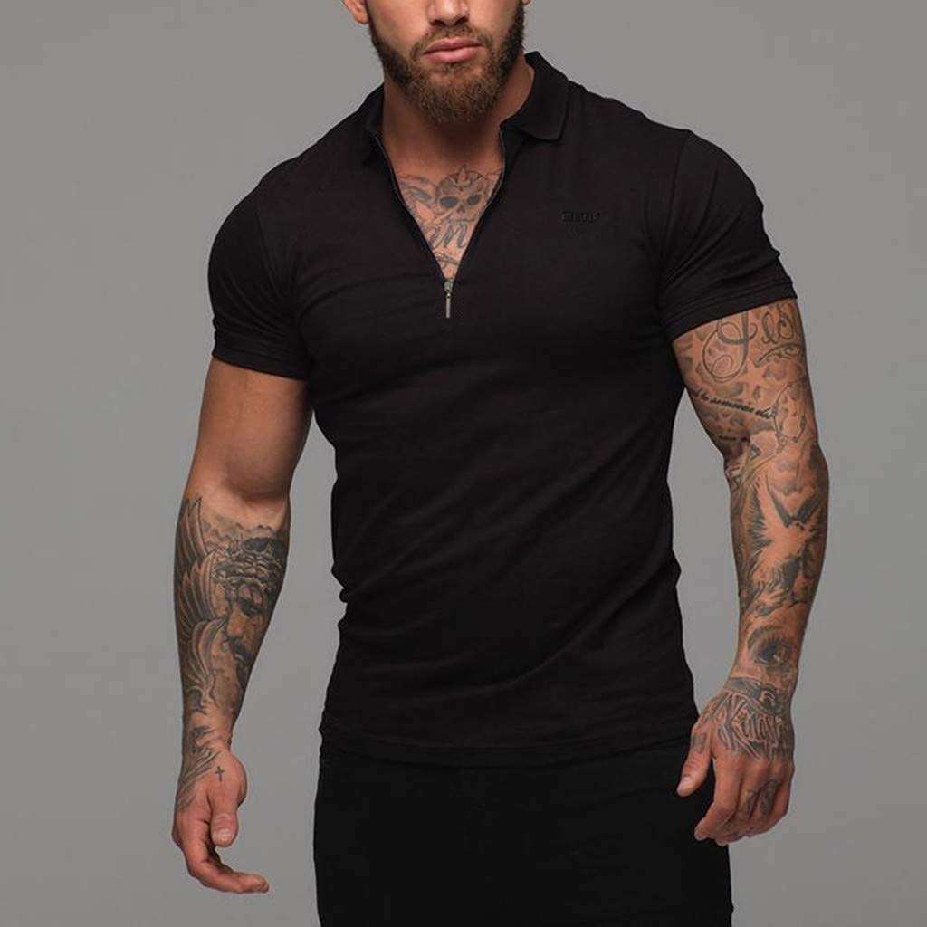 Men Shirts Fashion Short Sleeve Slim Fit Sports Bodybuilding Fitness Muscle Cotton Polo T Shirts Tops (M, Black) 4