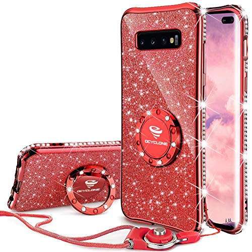 Cute Galaxy S10 Plus Case, Glitter Luxury Bling Diamond Rhinestone Bumper with Ring Grip Kickstand Protective Thin Girly Red Samsung Galaxy S10+ Plus Case for Women Girl - Red 1