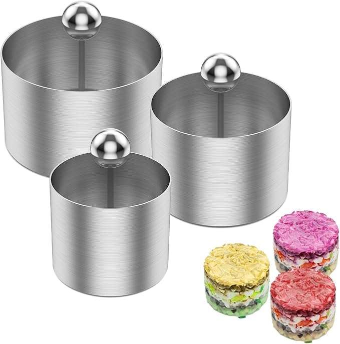 Istara Round Mold 304 Stainless Steel Rice Ball Making Mold, DIY Food Ring Mold, Round Sushi Maker for Home DIY Tart Ring for Baking, Cake Mousse Ring Press Set (1Set of 3Pcs)