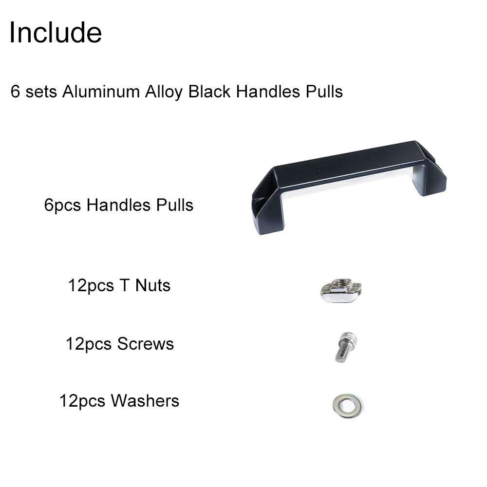 KOOTANS 6 Sets 90mm Black Aluminum Alloy Flat Black Handles Pulls with Screws and Nuts and Washers for Aluminum Extrusion Profile 2020 Series with Slot 6mm 2