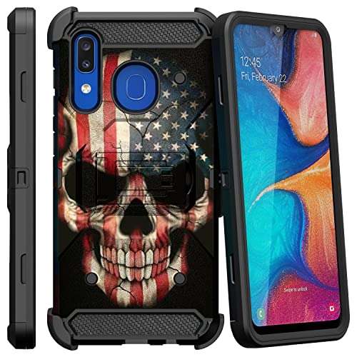 TurtleArmor | Compatible with Samsung Galaxy A20 Case | A30 Case [Armor Pro] Full Body Protection Armor Hybrid Kickstand Rugged Holster Belt Clip Case - US Flag Skull 2