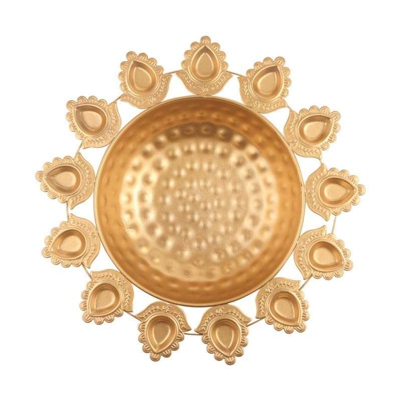 SWAY Home Decor Golden Metal Handcrafted Designer Diya Urli for Diwali with 13 Diyas Set-Traditional Decorative Bowl for Floating Flowers and Tea Light Candles, Diwali Urli, Decoration Items for Home 4
