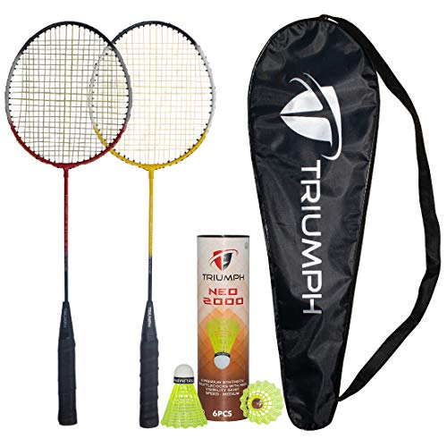 Triumph Alloy Steel Badminton Racquet Set - 2 Pc Badminton Racket with 6 Pc NEO-2000 Synthetic Shuttlecock and Full Racket Cover to Carry Both Rackets - Multicolor