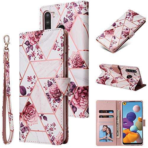 EYZUTAK Case for Samsung Galaxy A21S, Premium PU Leather Golden Embossed Geometric Marble Pattern Wallet Case with Detachable Wrist Strap, Magnetic Closure Card Slots Flip Case - Purple Flower 1