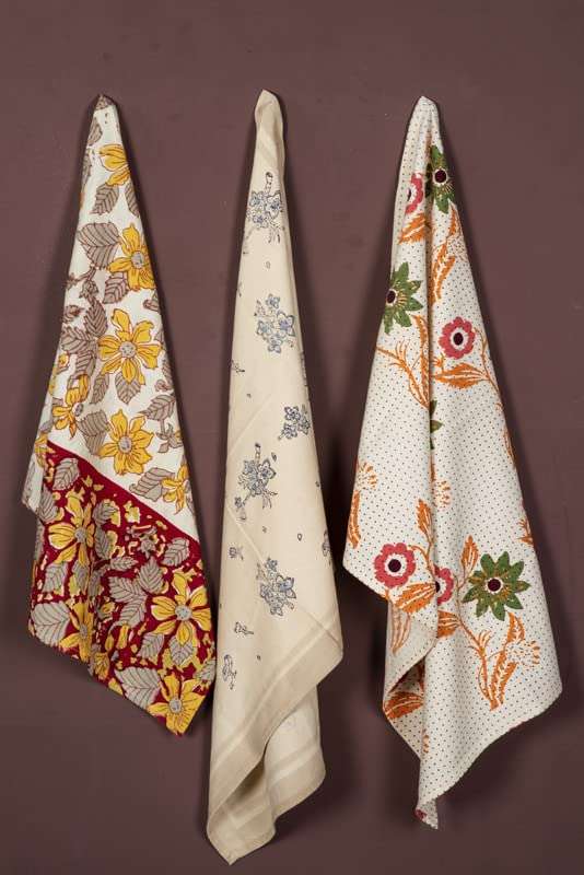 CONTRAST LIVING Manjlam Hand Block Printed Kitchen Towel/Dish Towel/Hand Towel Multi Color Set of 3 Pcs 1