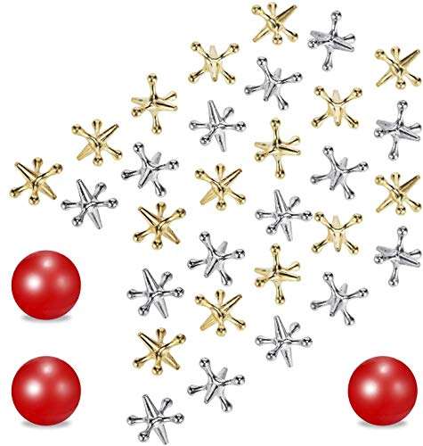 Legigo 3 Sets Retro Metal Jacks and Ball Game Toys Kit,Include 3 Pieces Red Rubber Balls and 30 Pieces Gold and Silver Metal Jacks for Kids and Adults,Classic Game of Jacks for Party Favor 1