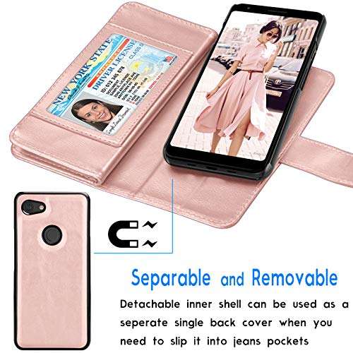 Pixel 3A XL Case, Wallet Case For Google Pixel 3A XL, Tekcoo Luxury Cash Credit Card Slots Holder Carrying Folio Flip PU Leather Cover Cases [Detachable Magnetic Hard Case] Kickstand Strap [Rose Gold] 4