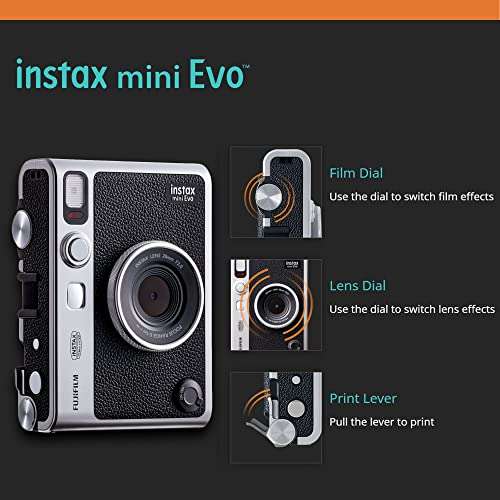 Fujifilm Instax Mini EVO Hybrid Instant Camera Black Bundle with Instax Mini Instant Film 20 Sheets, 32GB microSD Card, Vintage Style Black Camera Case, Bundle 3