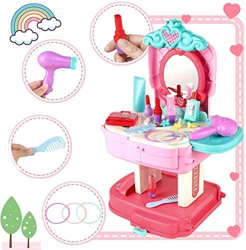 Beauty Set Makeup Set Dressing Table by dream toys | School Bag 2 in 1 Pretend Play AKE up Set Modern Children Cute Dresser Kit | 30 Piece Kids Beauty Play Set Toy for Girls 4