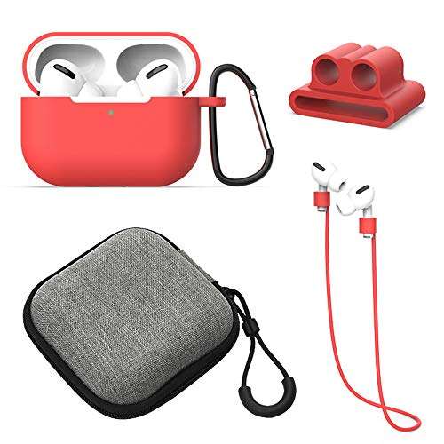 AirPods Case 5 in 1 Set Compatible Airpods Pro 3 2019 Charging Case Cover [Front LED Visible] Protective Silicone and Skin with Ear Hook/Keychain/Strap/Zipper Box (Airpods Pro 2019, Red) 1