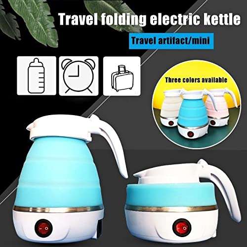 Travel Folding Electric Kettle,Fast Boiling,Beautiful Design Collapsible,Portable Electric Kettle,600ml Boil Dry Protection,100-240V Food Grade Silicone Foldable Kettle (White, Blue) 6