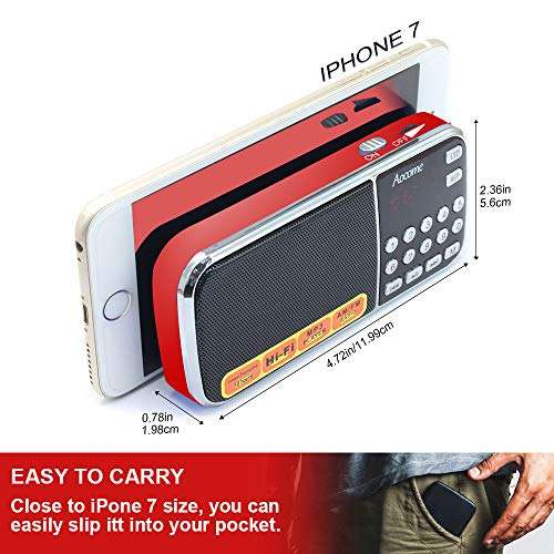 AM FM Radio Portable, Mini Digital Radio Speaker Music Player with Best Reception, Automatic/Manual Search, Radio with Micro SD/TF Card Slot, USB Rechargeable Battery, by Aocome (Red) 6