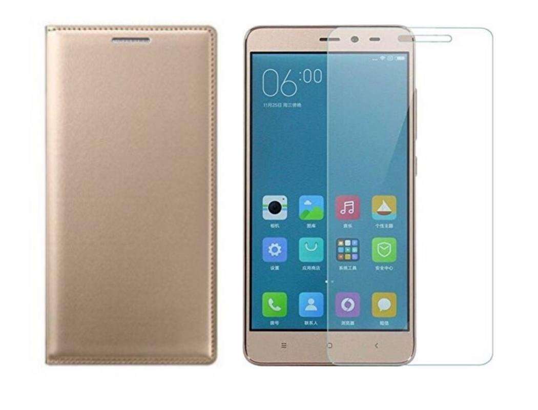 HITFIT Combo Offer (Gold Leather FLIP Cover + 1 Tempered Glass for Redmi 5 1