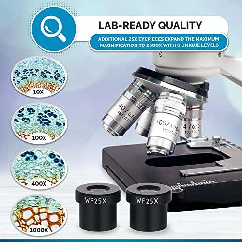 AmScope 40X-2500X LED Binocular Compound Microscope with 50pc Blank Slides and 5MP Camera 3