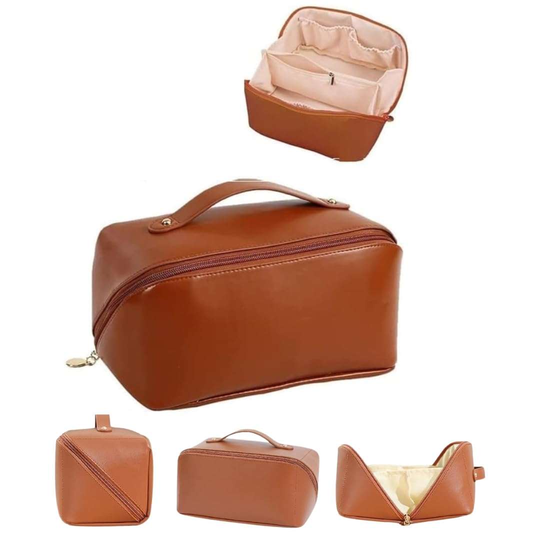 Sprqcart Large Capacity Travel Cosmetic Bag With Handle And Divider - Multifunctional Makeup Bag For Easy Access, Waterproof- (-Brown), 10 Cms 1