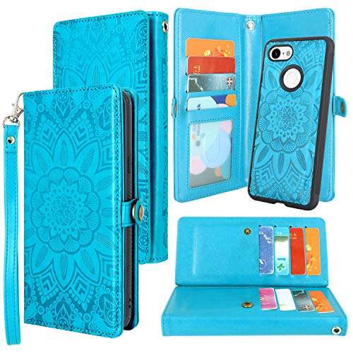Harryshell Google Pixel 3 XL Case, Detachable Magnetic 12 Card Slots Wallet Case Shockproof PU Leather Flip Protective Cover Wrist Strap for Google Pixel 3XL (Flower - Blue) 1