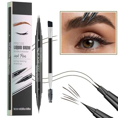 Pinkiou Microblading Eyebrow Pen, 2-In-1 Waterproof Eyebrow Pen, Dual-Ended Eyebrow Pen with 2-Fork-Tips and Precision Brush, Eyebrow Pen for Natural Hair-Like Brows, Long Lasting, Black Brown 1