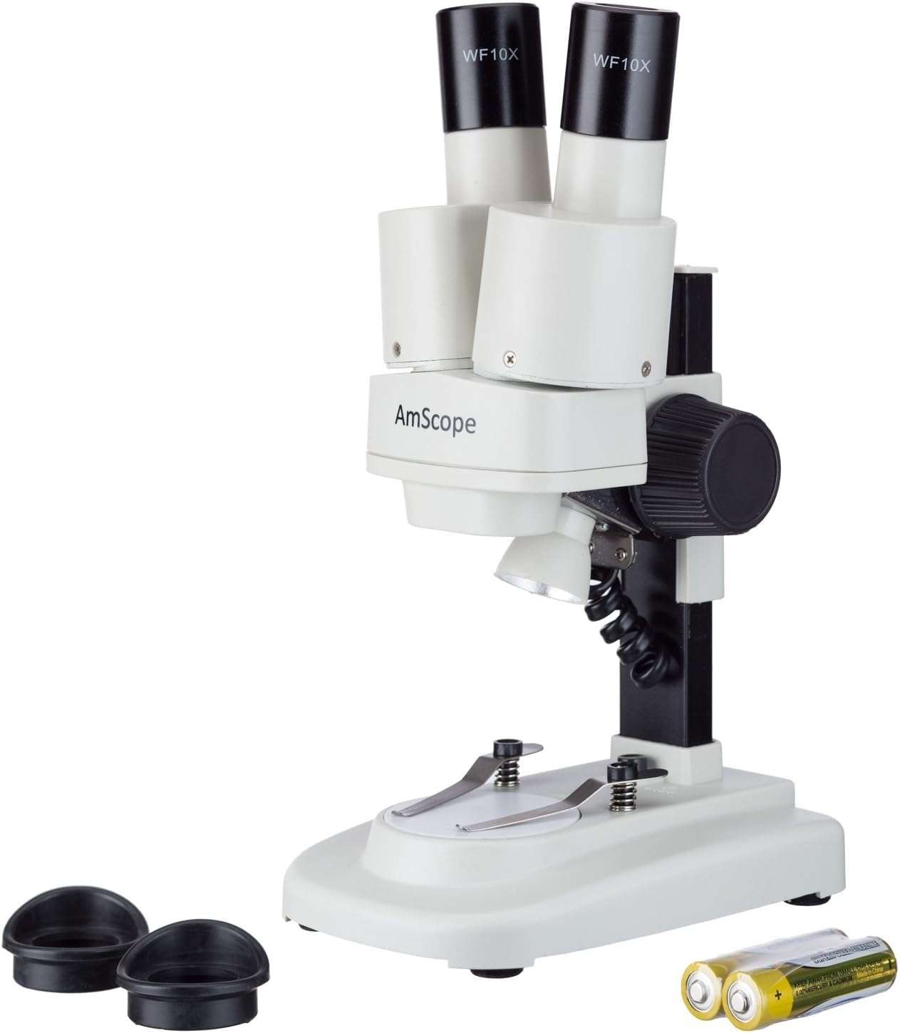 AmScope Kids SE100Z-LED Portable Binocular Stereo Microscope, WF10X and WF20x Eyepieces, 20X and 40X Magnification, 2X Objective, LED Light Source, Reversible Black/White Stage Plate, Battery-Powered 1