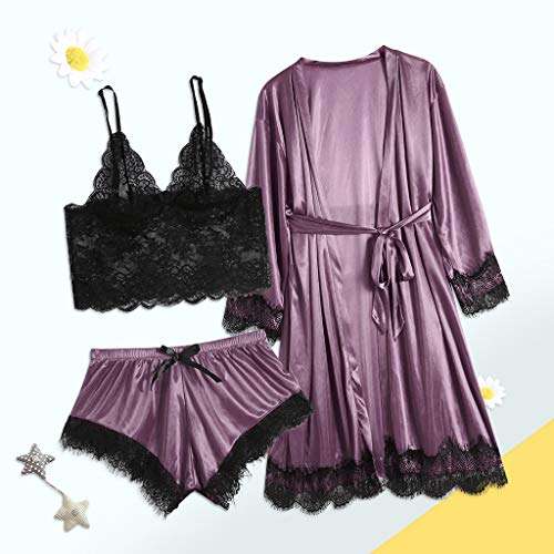 FEDULK 3PCs Women Sexy Lace Lingerie Intimates Nightwear Underwear Sleepwear Dress Suits(Purple, Large) 2