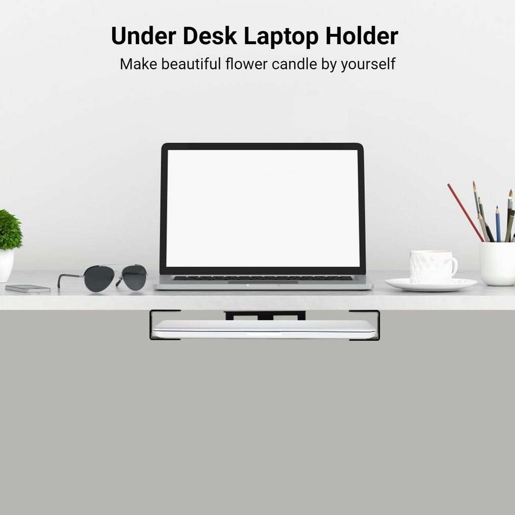 Metal Under Desk Laptop Storage Holder, Adjustable Laptop Shelf, Ideal for Office Organization, Supports Keyboards and Modems 3