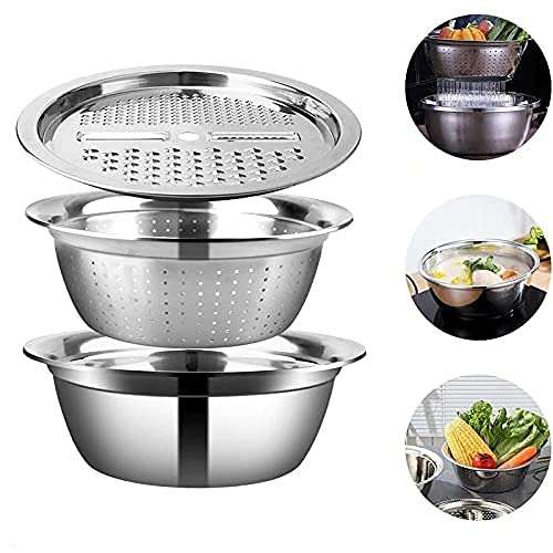 JANCOM 3 in 1 Kitchen Multipurpose Kitchen Stainless Steel Bowl, Drain Basket, Julienne Graters for Vegetable Cutter,Vegetable/Fruit Grater Kitchen Mesh Strainers(Set of 1, 26CM) 3