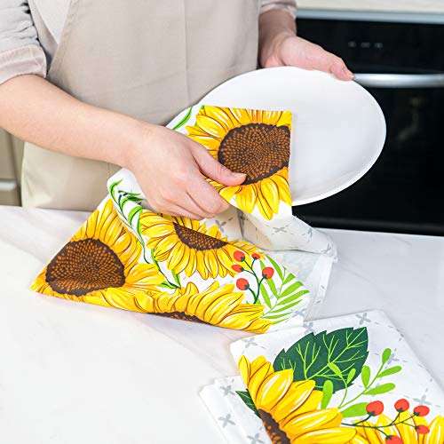 KOALAND Cute Sunflower Kitchen Towels 5 Piece Linen Set, 2 Oversized Tea Towels 2 Pot Holders 1 Oven Mitt, 100-percent Cotton Sunflower Decorative Dish Towels, Floral Pot Holders, Sunflowers Decor 5