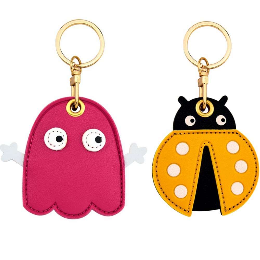 2 Pack Tomcrazy 3in1 PU Leather Protective Case for Apple Airtag Keychains Huawei Tag Cover Keys Ring Storage Pendant Access Card Keychain Suitable for Bag/Suitcase (1 Ghost & 1 Ladybug) 1