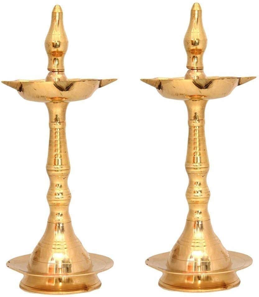BENGALEN Brass Diya Kerala Samai 13 Inch Traditional Oil Lamp Deepak Lamp Kutthu vilakku Panchmahal Deepam for Pooja Mandir Diwali Indian Puja Wedding Return Gift Items Set of 2