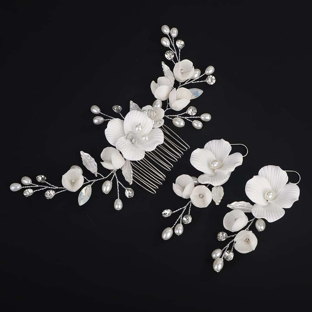 Rumtock White Flower Silver Hair Comb with Pearl Beads Wedding Bridal Jewelry Set Women Special Occasion Hair Piece (Silver) 4