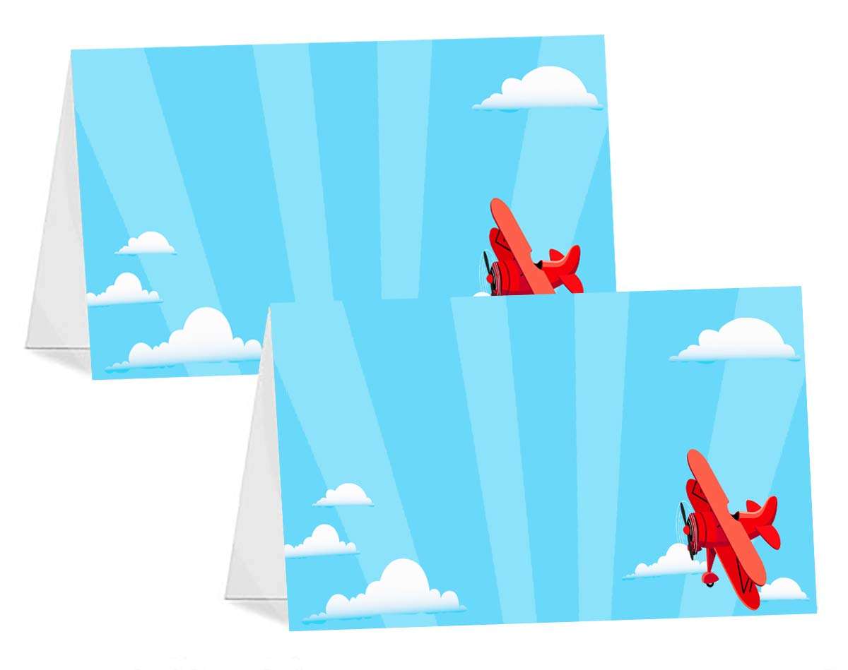 POP parties Red Airplane - 12 Table Tents - Airplane Buffet Cards - Airplane Place Cards - Up Up and Away Decorations - Airplane Decorations - Red Airplane Party Supplies 1