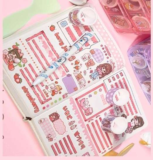 BLUEJELI Washi Tape Set for Designer Decorative Tapes, Washi Tape Gift Packing Tape Masking Tapes with 20 Pcs Kawaii Stickers, Tweezer, Pen and Spatula in Layer Box, Tapes for Art and Craft (PINK) 4