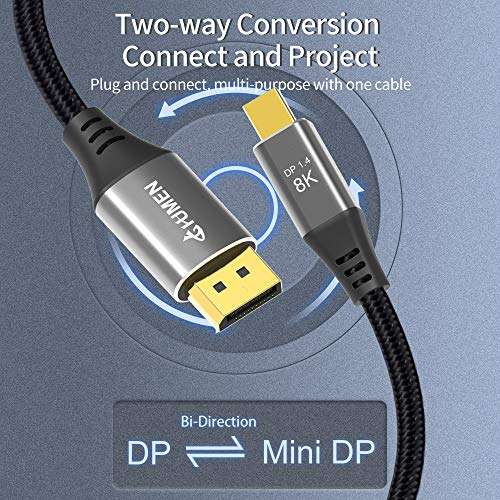 PDTXCLS HLXFF3 DGHUMEN Mini DisplayPort to DisplayPort Cable, Mini DP to DP Cable, with Dual Mini DisplayPort and Standard DisplayPort Connectors, Support 8K@60Hz/4K@144Hz (10ft/3M) 4