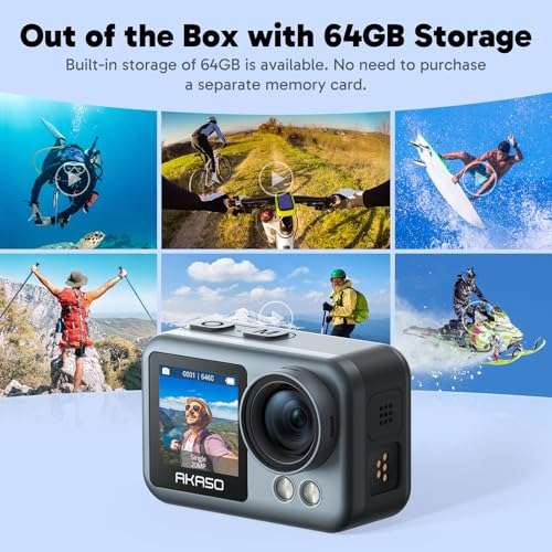 AKASO Brave 4 Elite 4K60fps Action Camera All-in-One Waterproof Camera with 64GB Storage, HD Touch Screen, Image Stabilization, Remote Control, Built-in 1650mAh Battery and Accessory Kit 3
