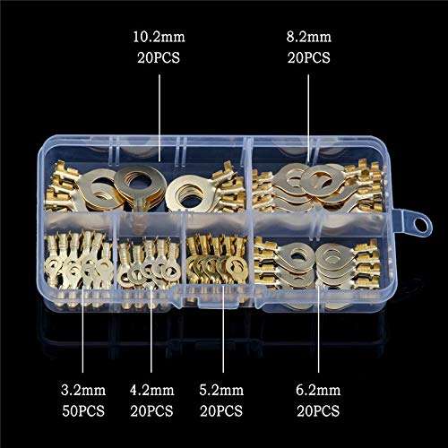 Davitu YT Non-insulated Ring Cable Lugs 150pcs Assorted Ring Eyes 3.2-10.2mm Wire Cable Connectors Brass Terminals Assortment Kit 3
