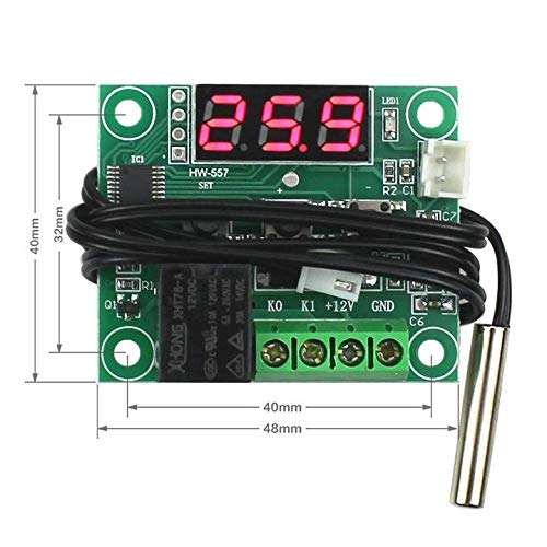 DAOKI 2 Pcs W1209 12V DC Digital Temperature Controller Module -50~110℃ LED Display Thermostat Board with Waterproof NTC Probe, Case, 24AWG Wire 6