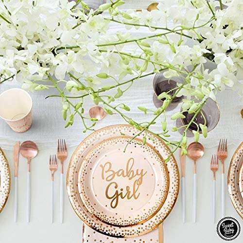 Sweet Baby Co. Baby Shower Plates and Napkins Girl for 24 With Rose Gold Pink Paper Plates, Dessert Plate, Napkins, Disposable Cups for Tea Party Supplies or Floral Decorations or Girls Birthday Set 3