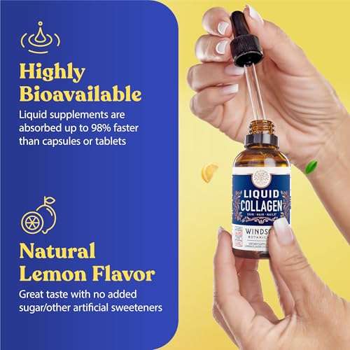WINDSOR BOTANICALS Liquid Collagen for Women and Men - Hair, Skin, Nails Vitamins - Lemon Flavor Collagen Peptides Hair Growth Drink - 5,000mcg Biotin, 10,000mcg - US Made - 2x2oz 5