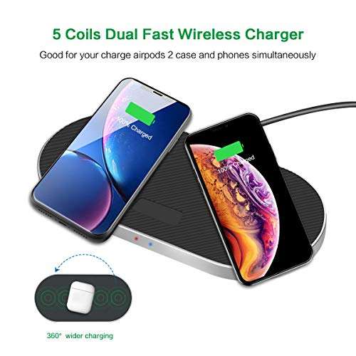 ZealSound 5 Coils Wireless Charger Charging Pad, Fast Quick Anti-Slip Silicon Metal Aluminum w/QC 3.0 Adapter Chargers Station Dock for Qi New AirPods Multiple Devices Can't Support 15W Phones-Black 2