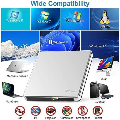Guamar External CD Drive for Mac: Portable Slim DVD Burner for Laptop PC Windows with SD/TF Slot 2 USB Ports - Plug & Play USB-C Superdrive for MacBook High-Speed Read Write (Silver) 5
