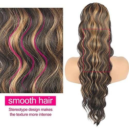 Oseti Highlight Loose Deep Wave Drawstring Ponytail High Pony Deep Wavy Curl Wrap Around Ponytail Highlights Brown Blonde Water Wave Clip in Ponytail High Pony for Girl Synthetic Hairpiece for Women 2