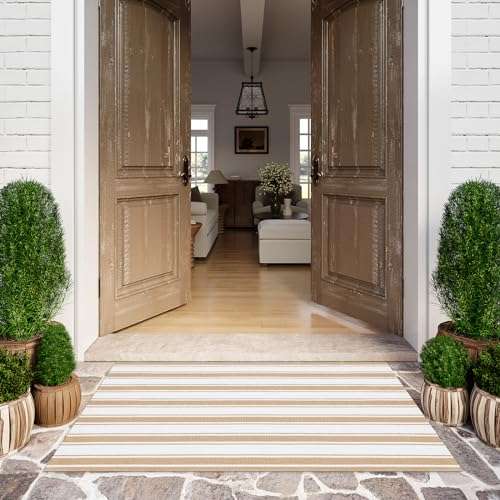 LEEVAN Washable Area Rug 3x5, Reversible Striped Outdoor Rug Tan, Low Profile Small Patio Rug Door Mat Indoor, Cotton Woven Backyard Mats, Non-Shedding Front Porch Deck Floor Carpet 1