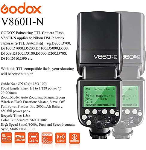 GODOX V860II-N TTL Flash 1/8000s High-Speed Sync GN60 Camera Flash Speedlight with Rechargeable Battery 1.5S Recycle Time 650 Full Power Flashes for Nikon D3400 D3200 D5300 D5600 D750 (V860II-N) 4