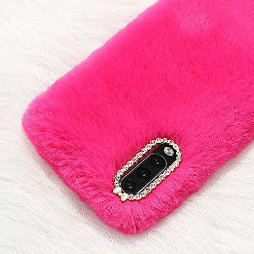 LCHULLE for Samsung Galaxy A70 Plush Case Faux Rabbit Fur Furry Cute Case Winter Warm Soft Lovely Fluffy Cover Shockproof Bumper with Bowknot Glitter Bling Diamond for Samsung Galaxy A70, Rose red 5