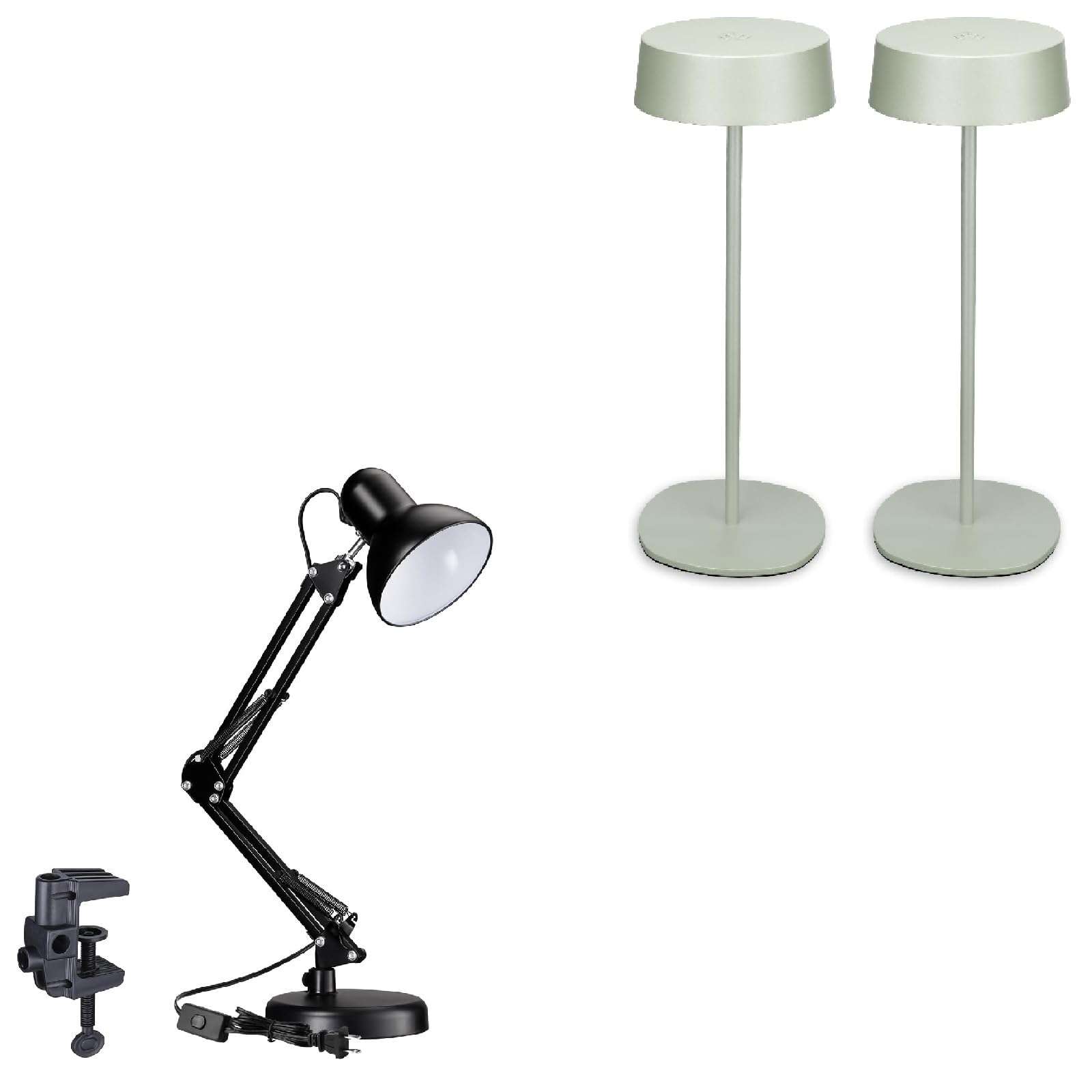 TORCHSTAR Metal Desk Lamp with Clamp, Swing Arm, E26, Multi-Joint, Black Bundle LED Cordless Table Lamp, Rechargeable Table Lamp, Dimmable, 4000mAh Battery Operated, 2700K, Green, Pack of 2 1