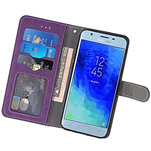 Compatible with Samsung Galaxy J3 Orbit J 3 Star 2018 3J Achieve Wallet Case Tempered Glass Screen Protector Flip Credit Card Holder Stand Cell Phone Cover for J3V V 3rd Gen SM J337A J337V J337 Purple 3