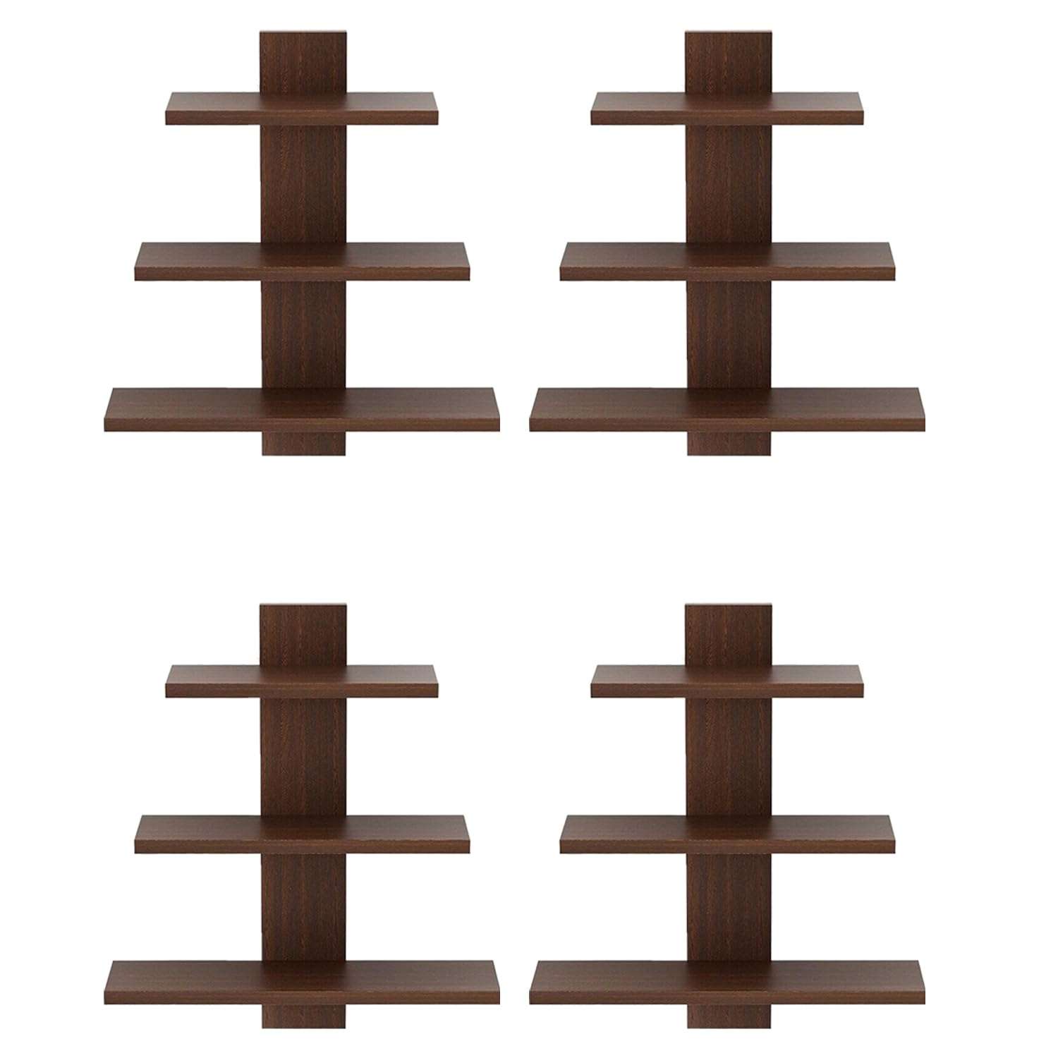 Kuber Industries Wooden Wall Shelf|Multipurpose Tree Shape Display Rack|Engineered Wood Mount 3 Tier Shelves for Office & Home Décor (Brown) (Pack of 4) 1
