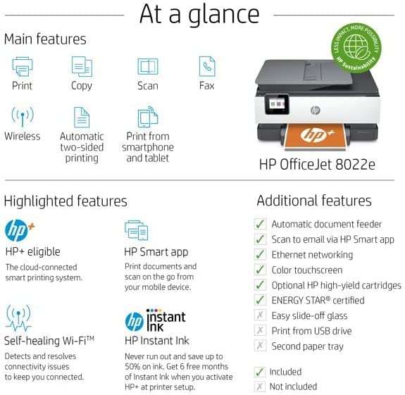 HP OfficeJet 8022e Wireless Inkjet Color All-in-One Printer, Print Copy Scan Fax, Instant Ink Ready, 35 Sheet ADF, WiFi USB Connectivity, 6 Months Free Instant Ink,White, W/Silmarils Printer Cable 6