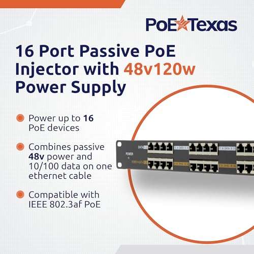PoE Texas POE-16-48v120w | 16 Port Passive PoE Injector - Power Over Ethernet for 802.3af Cameras, IP Phones, Access Points and More with 10/100 Data 2