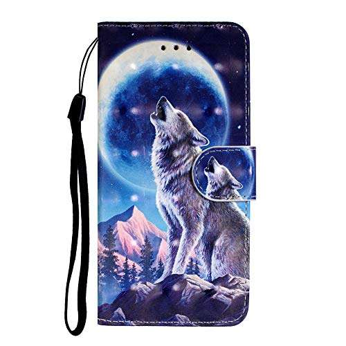QIVSTAR Case for Samsung Galaxy A21S 3D Book Style Case 360 Degree Protective Case with Wrist Strap Flip Folio Case for Samsung Galaxy A21S Moon Wolf YY 2